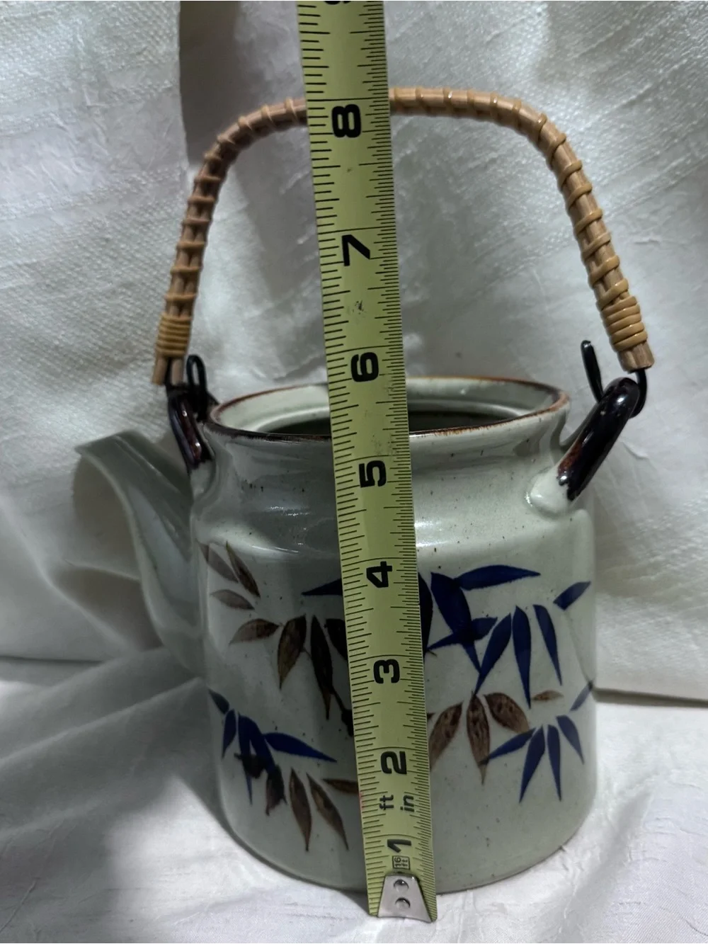 Vintage Japanese Stoneware Teapot Bamboo Handle Hand Painted Bamboo Motif